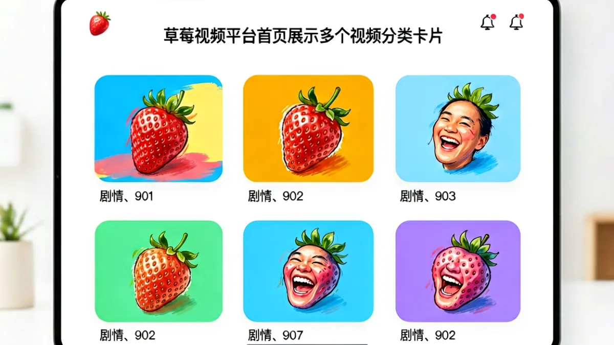草莓视频平台首页展示多个视频分类卡片，包括剧情、综艺、动漫等彩色图标排列在白色背景上，界面简洁现代