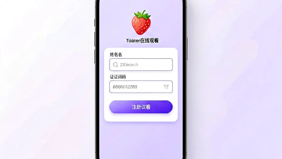 草莓视频在线观看平台新手引导界面，展示手机号注册弹窗与密码输入框，背景为紫蓝色渐变，适合零基础用户理解账号创建流程
