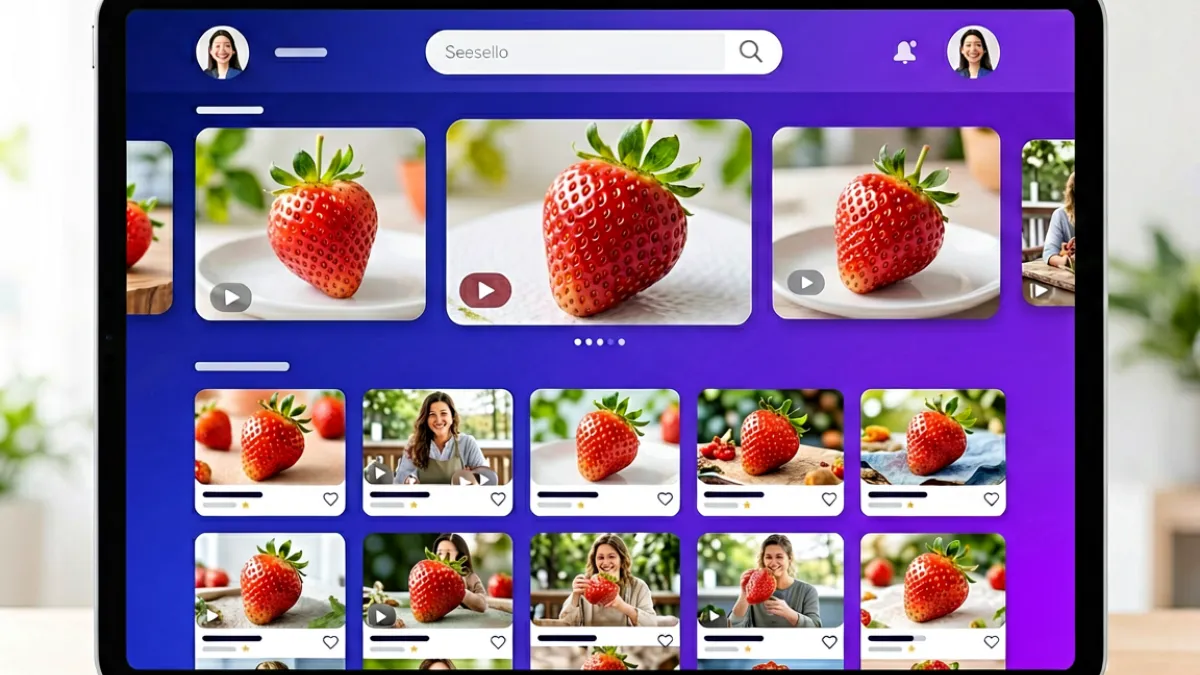 草莓视频在线观看平台首页界面截图，展示顶部导航栏、分类轮播图和热门推荐视频卡片布局，紫色主题色调